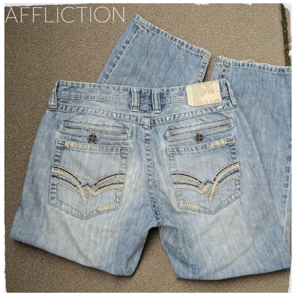 AFFLICTION Black Premium Blue Jeans Grant Loose Fit Distressed Light Wash Denim